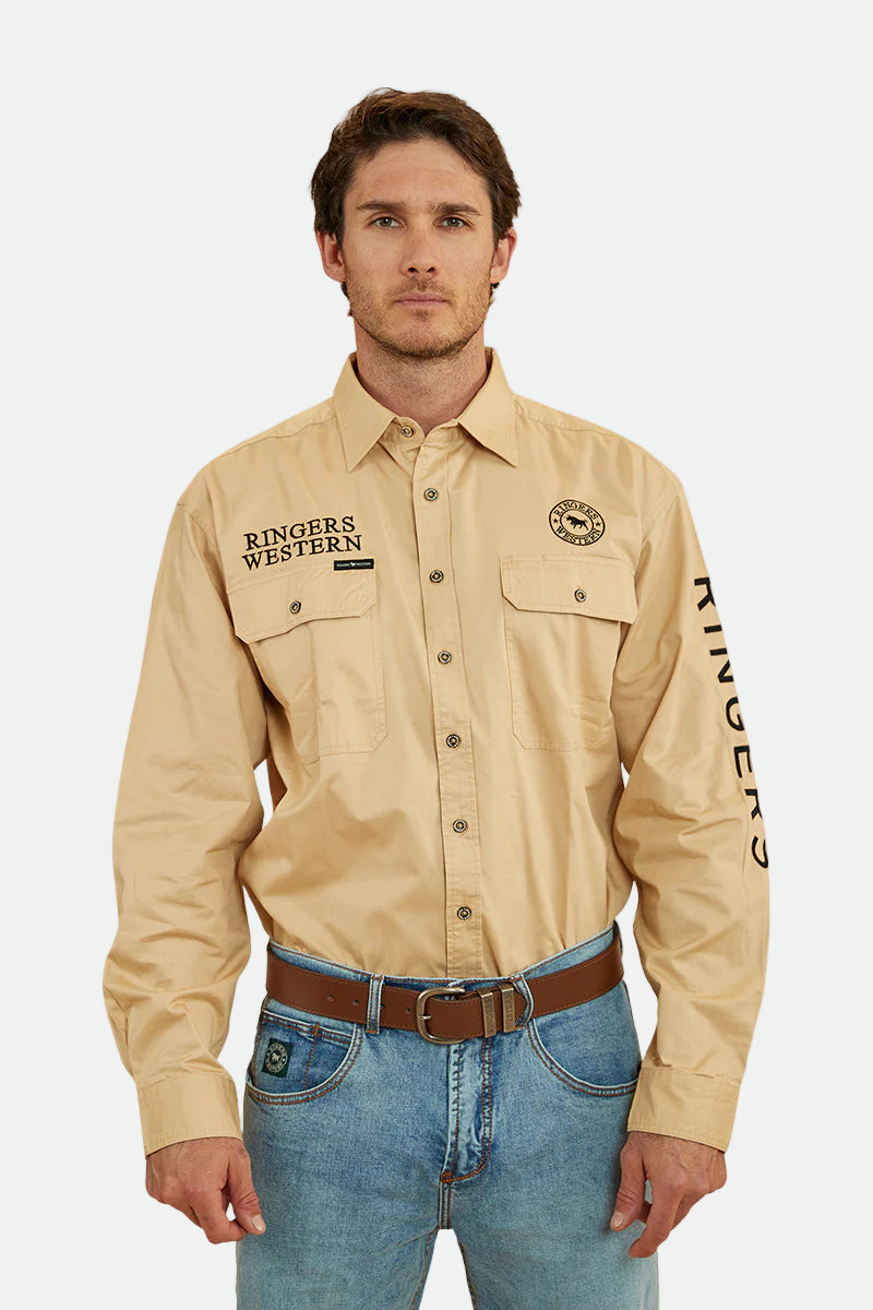 Ringers Western Men’s Work Shirt ‘Hawkeye’ Full Button Dark Sand with Black Print