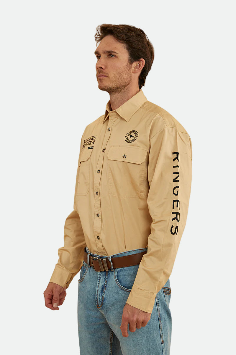 Ringers Western Men’s Work Shirt ‘Hawkeye’ Full Button Dark Sand with Black Print