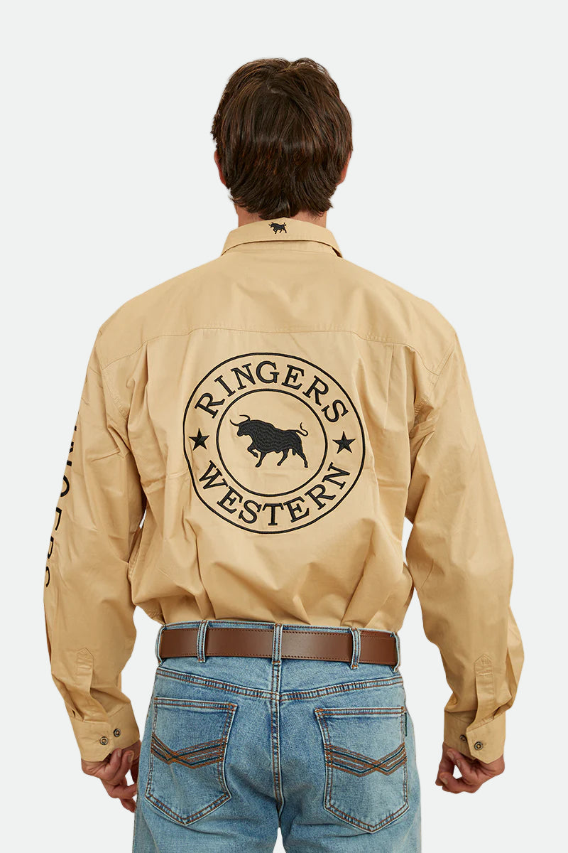 Ringers Western Men’s Work Shirt ‘Hawkeye’ Full Button Dark Sand with Black Print