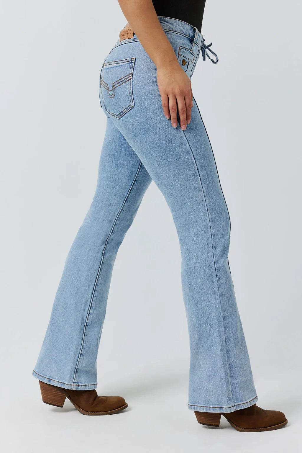 Ringers Western Womens Rodeo Rose Lace Front Mid Rise Bootleg Jean - Light Blue