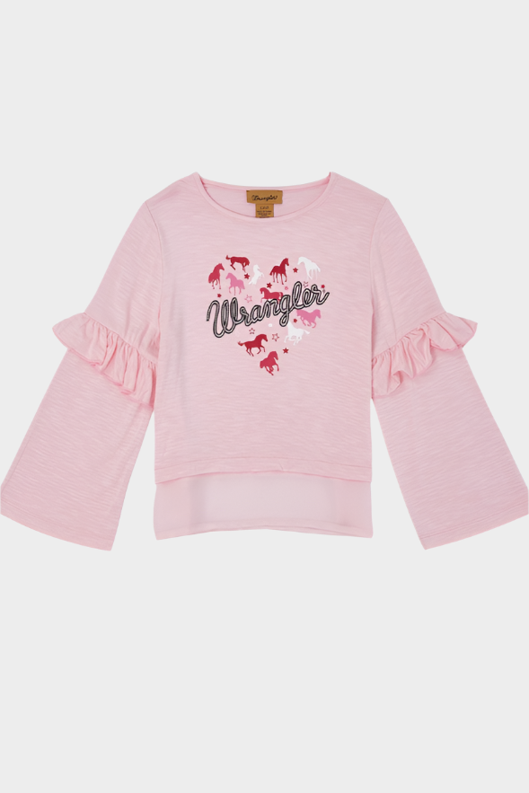 Wrangler USA Girls' Horse Heart Ruffle Long Sleeve Top