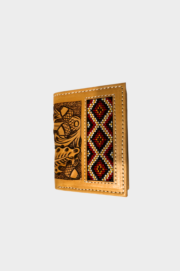 Challenger Mens Western Oak Leaf Tooled Leather Beaded BiFold Wallet - 18RSW76B