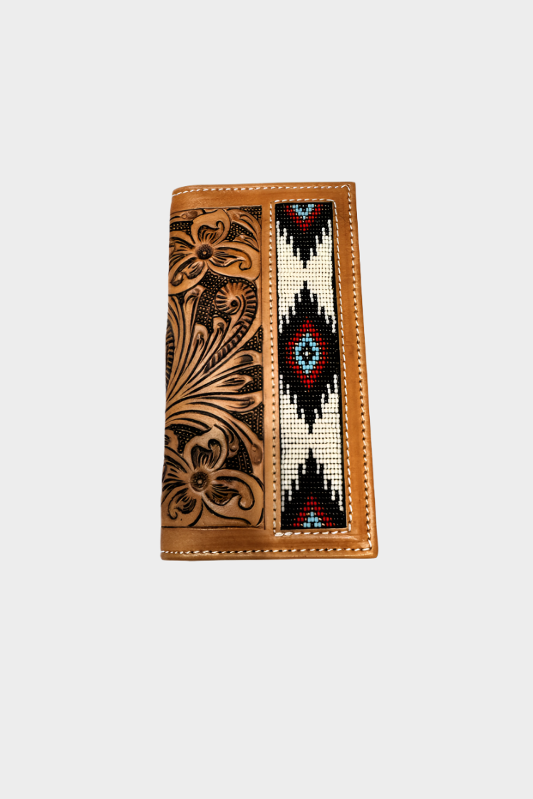 Challenger Mens Western Floral Tooled Leather Aztec Beaded Rodeo Wallet - 18RSW80R
