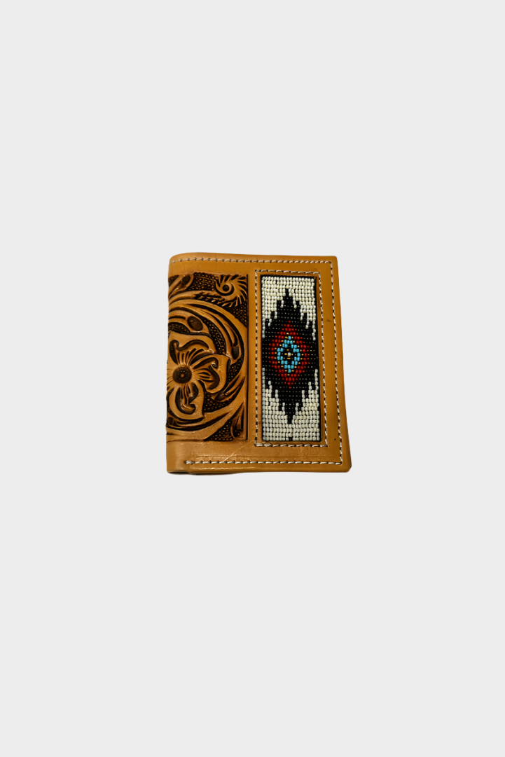Challenger Mens Western Floral Tooled Leather Aztec Beaded Rodeo Wallet - 18RSW80B