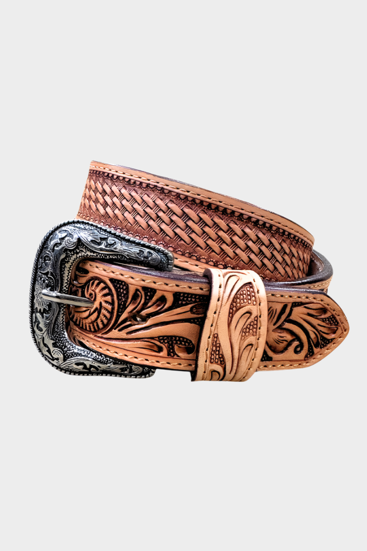 Challenger Western 1-1/2 BasketWeave Floral Tooled Full-Grain Leather Belt