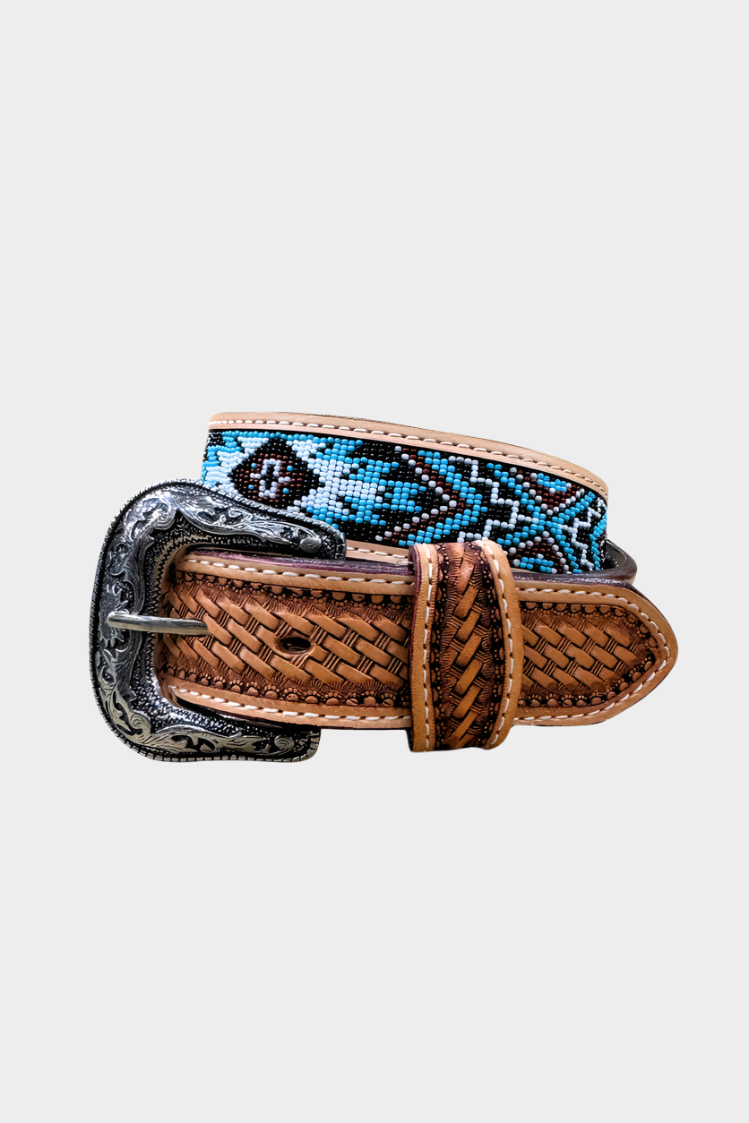 Challenger Western 1-1/2 Basket Weave Tooled Beaded Full-Grain Leather Belt
