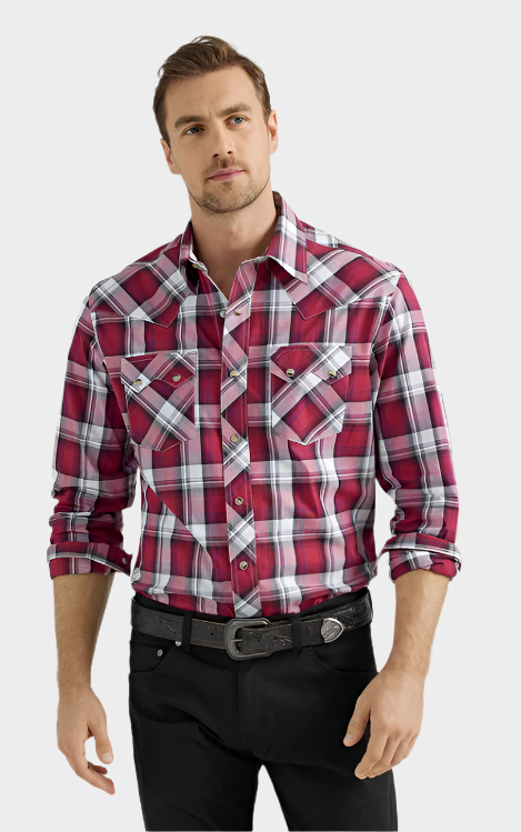 Wrangler Men's Retro® Long Sleeve Sawtooth Snap Pocket Western Shirt - Burgundy Plaid