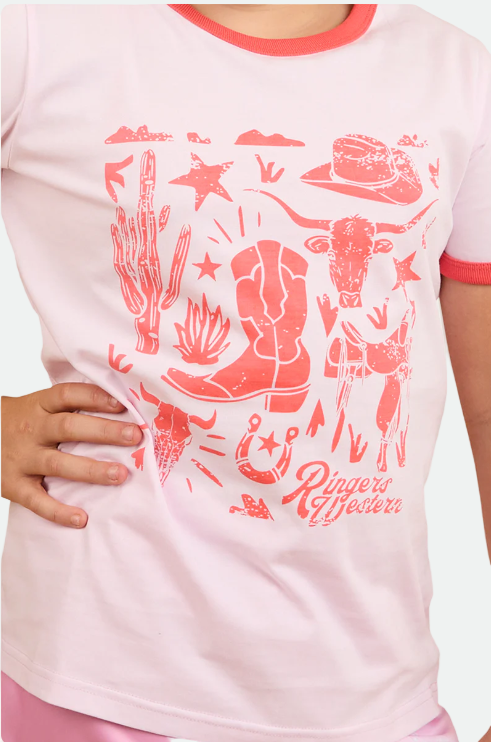 Ringers Western Kids Boot Scootin Ringer T-Shirt - Barely Pink