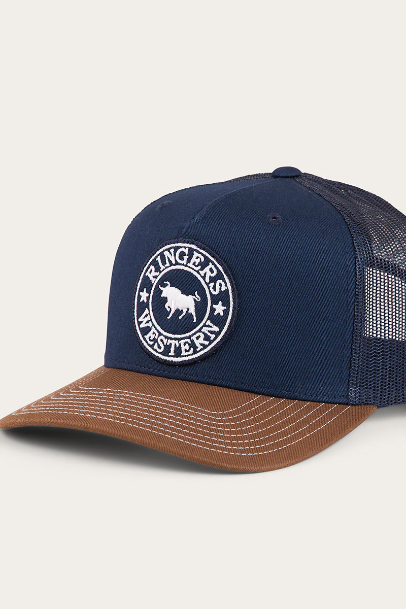 Ringers Western Mens Signature Bull Trucker Cap - Navy / Chocolate