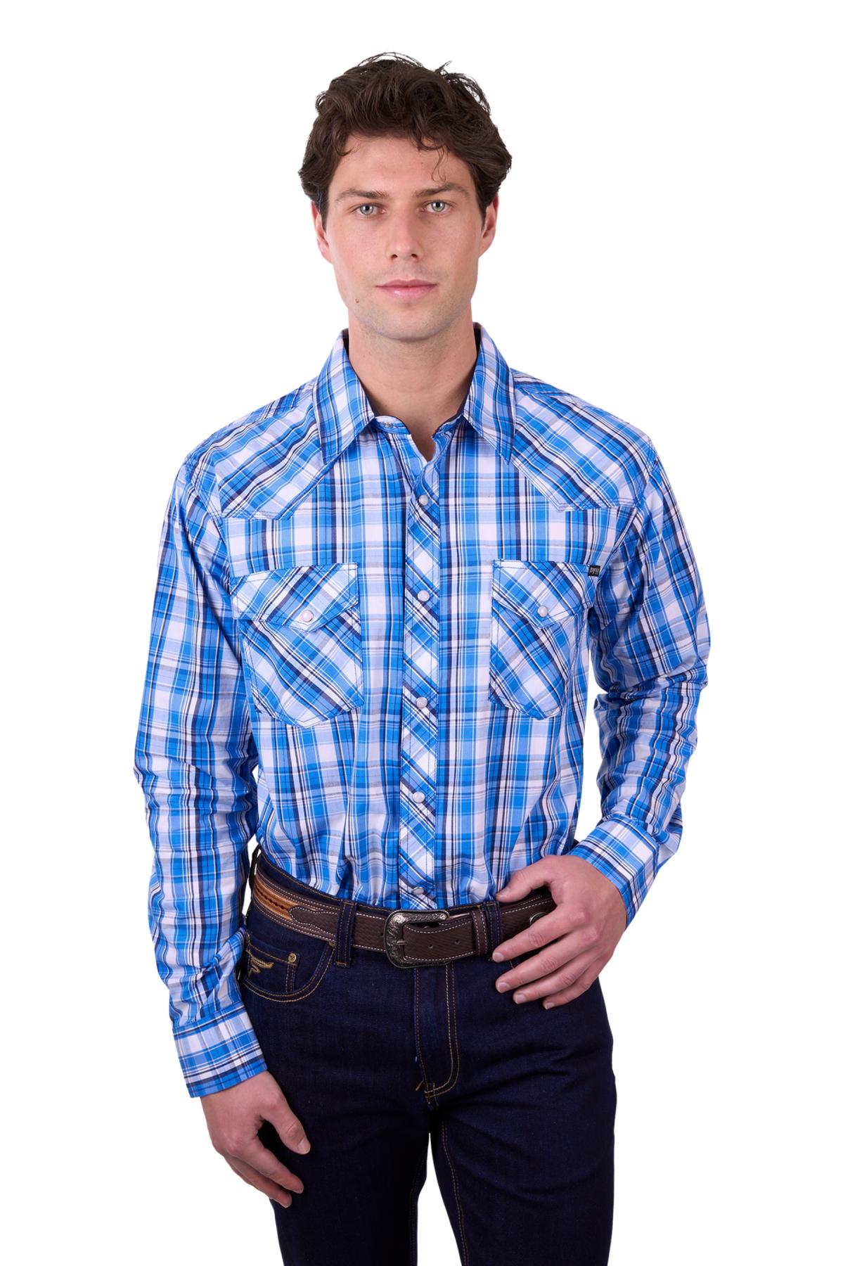 Pure Western Men’s Wade Check Western Long Sleeve Shirt - Blue