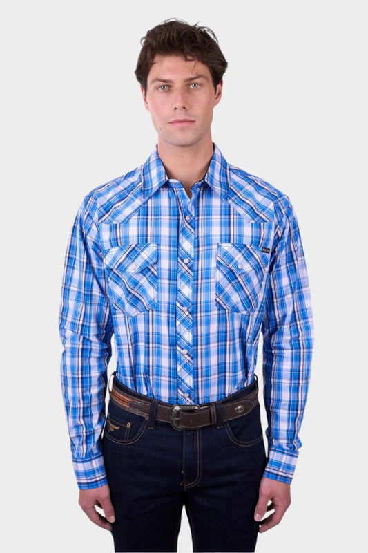 Pure Western Men’s Wade Check Western Long Sleeve Shirt - Blue