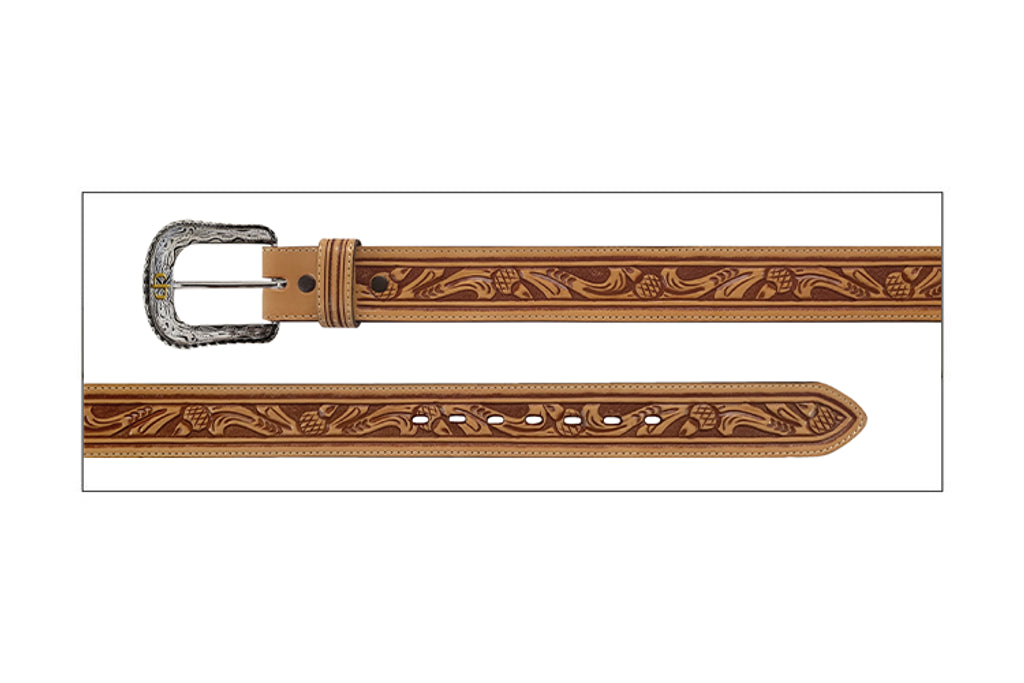 Stetson Tan Acorn Tooled Leather Belt 38mm