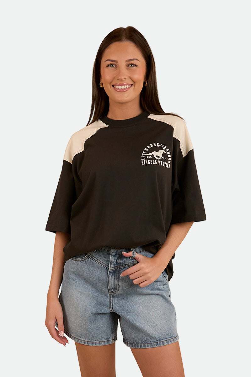 Ringers Western Womens Lets Horse Around Oversized T-Shirt - Washed Black / Off White
