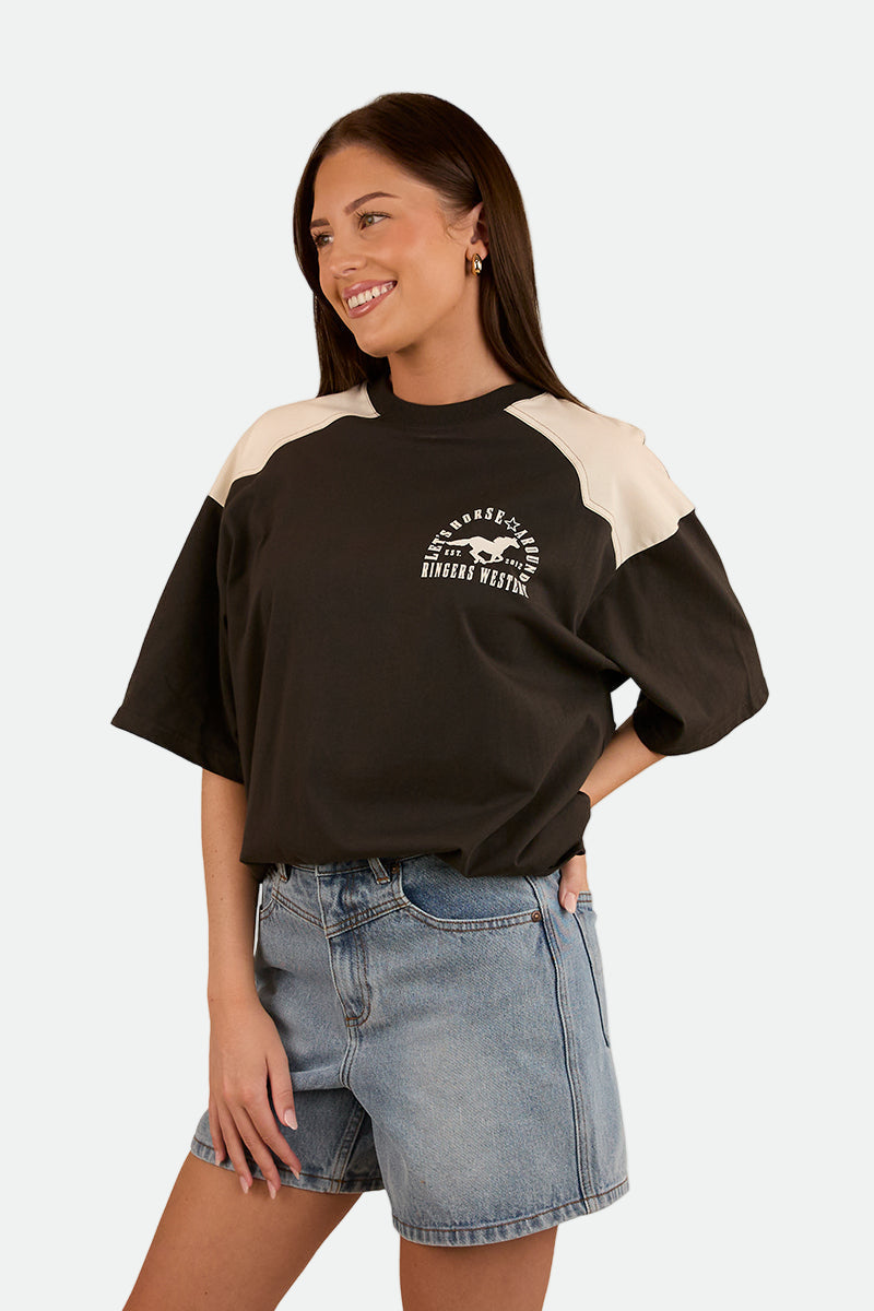 Ringers Western Womens Lets Horse Around Oversized T-Shirt - Washed Black / Off White