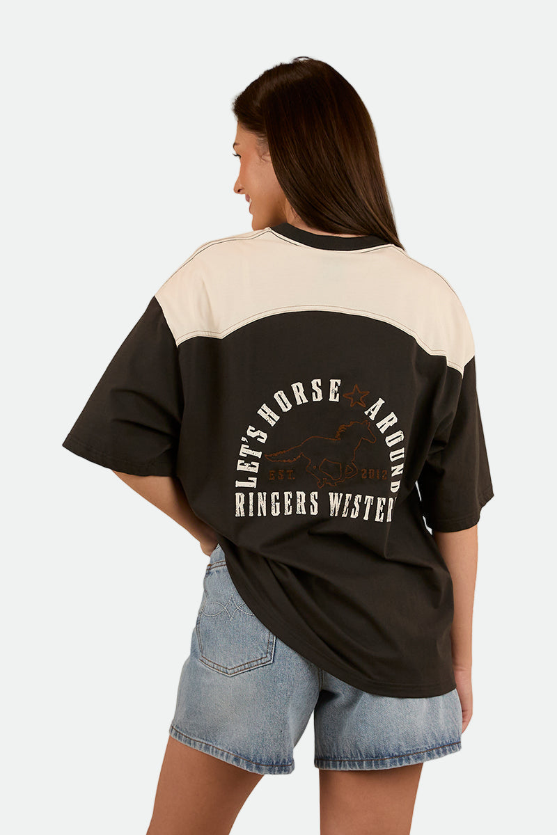 Ringers Western Womens Lets Horse Around Oversized T-Shirt - Washed Black / Off White