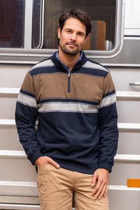 THOMAS COOK JASON 1/4 ZIP RUGBY (NAVY/DARK TAN)-CLEARANCE