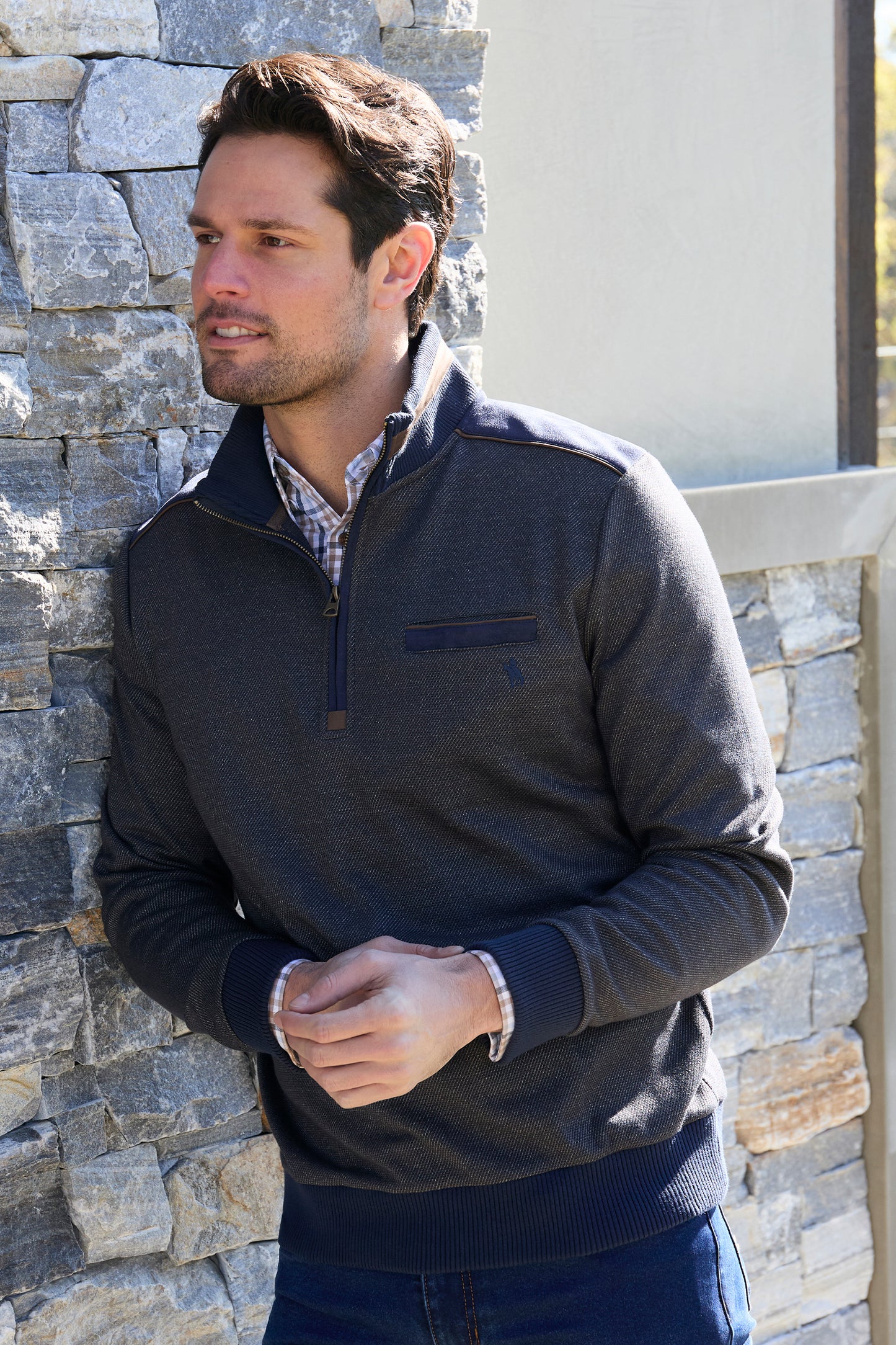 Thomas Cook Men's BLAKE 1/4 ZIP JUMPER - NAVY/TAN