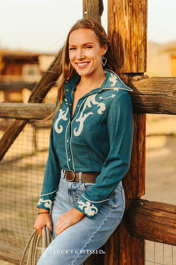 Lucky & Blessed Teal Ivory Patch Embroidered Boot Stitch Contrast Piping Button Down Shirt