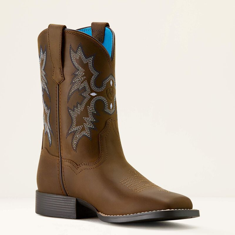 Ariat Youth Tombstone Wide Square Toe Western Boot - Distressed Brown