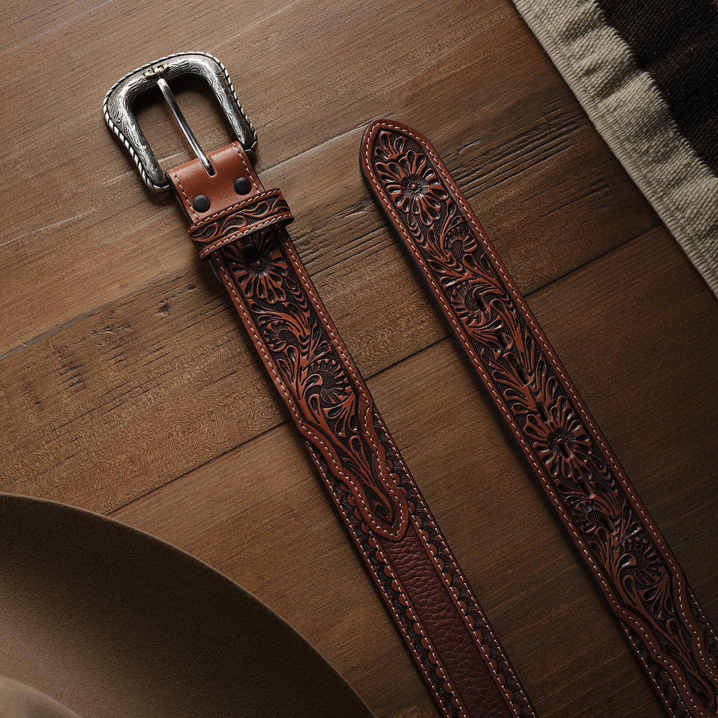 Stetson Tooled Tab Belt - Cognac 38mm