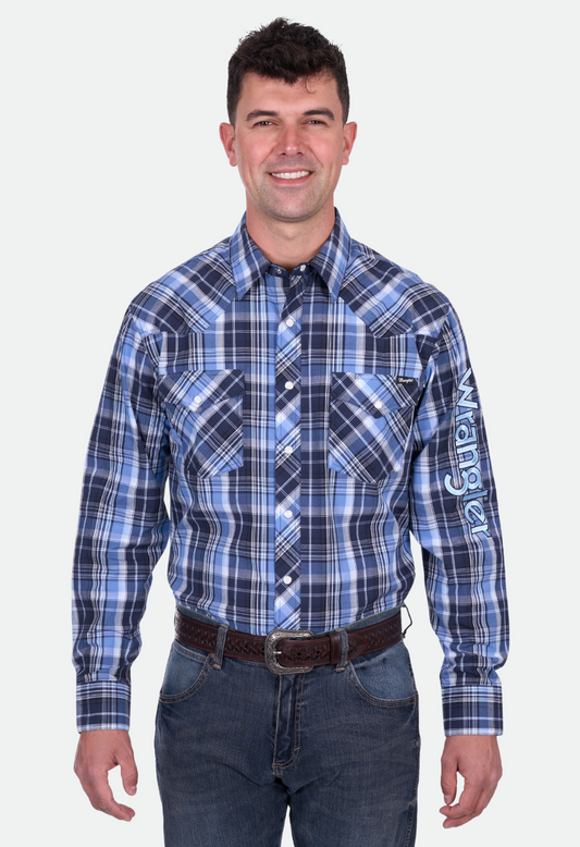 Wrangler MENS BILLY LOGO LS Shirt - Navy/Lt. Blue