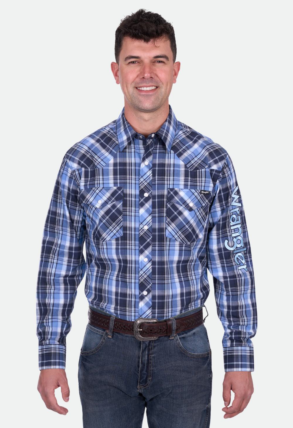 Wrangler MENS BILLY LOGO LS Shirt - Navy/Lt. Blue