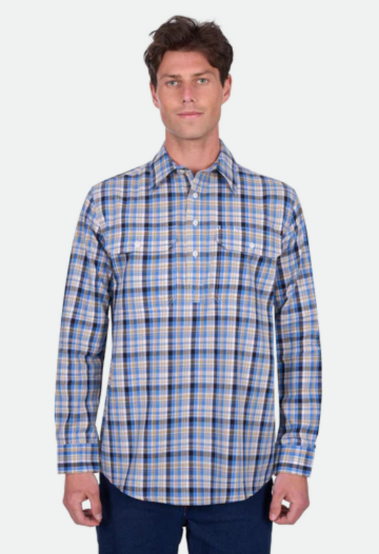 Hard Slog Men's Gibson 1/2 Plkt Ls Shirt - Blue/Tan