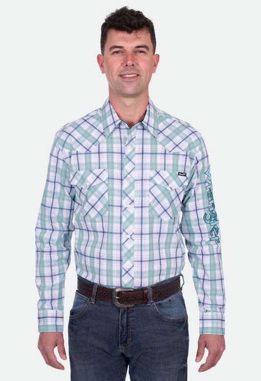 Wrangler MENS JACOB LOGO LS Shirt - Green/White
