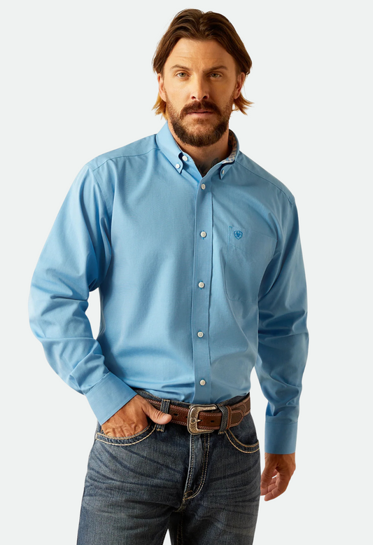 Ariat Mens Blue Wrinkle Free Solid Classic Fit Shirt