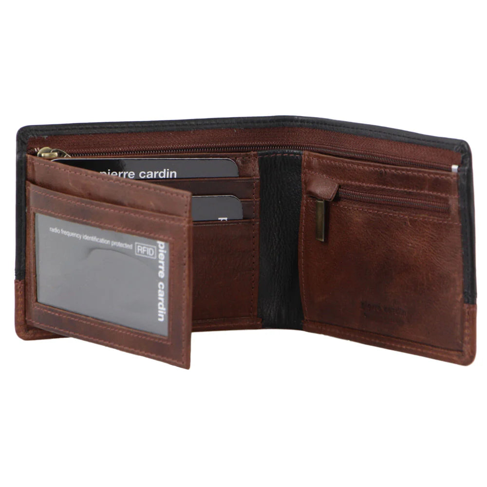 Pierre Cardin Men's Leather Tri-Fold RFID Protected Wallet 12cm Black Cognac