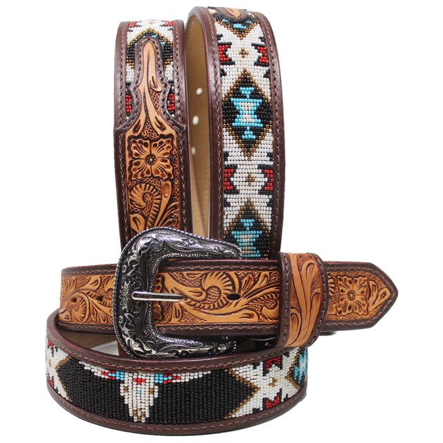 Challenger Western Antique Floral Tooled Cowskull Beaded Full-Grain Leather Belt 32" 26RS107