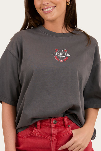 Ringer Western Wild Eyes Oversized Womens T-Shirt - Washed Black
