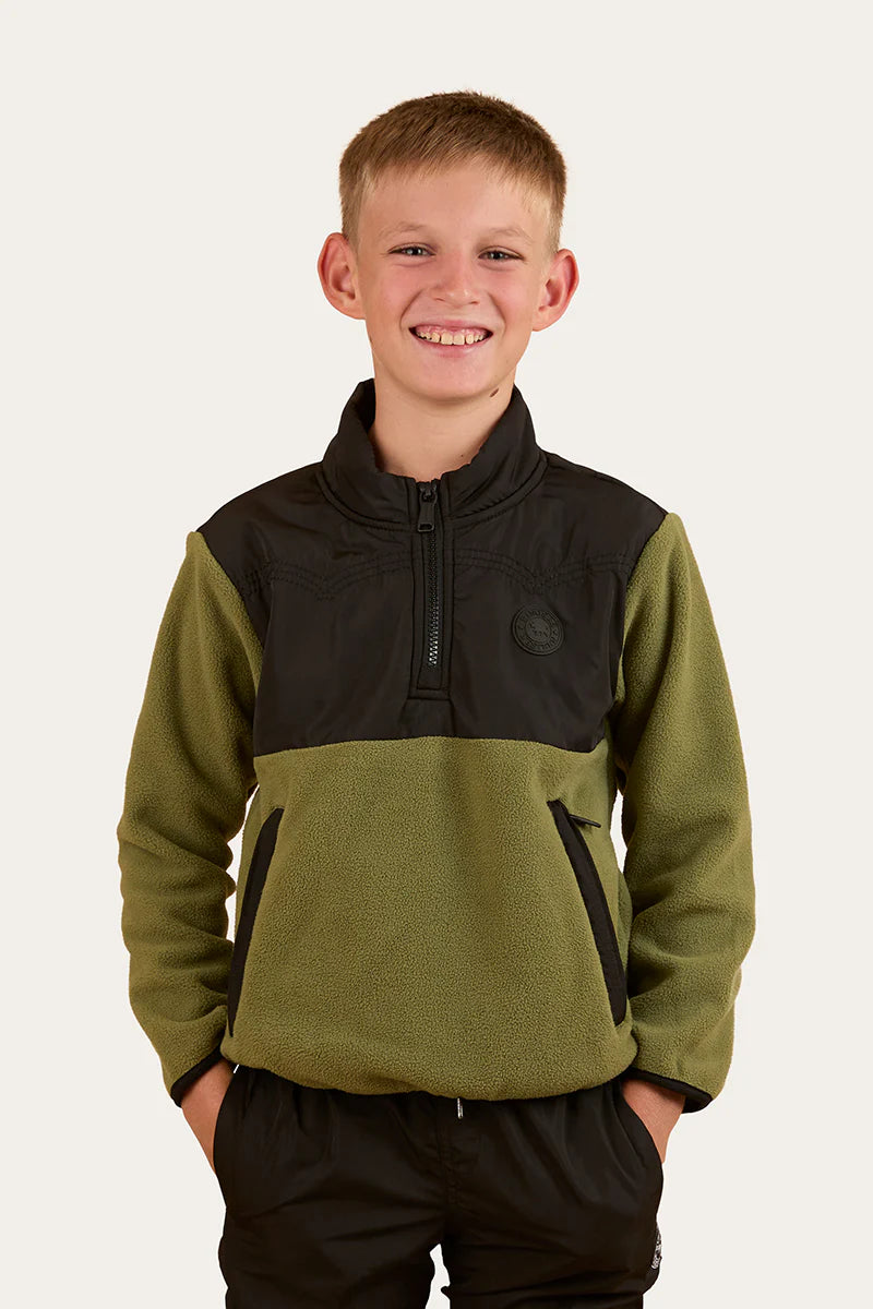 Ringers Western Boy's Winton Kids 1/4 Zip Crew Neck Fleece - Military Green