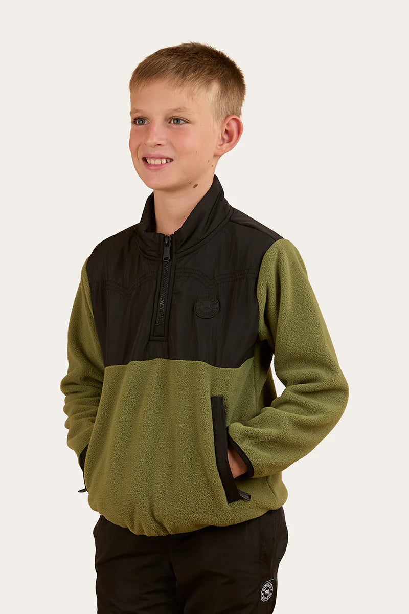 Ringers Western Boy's Winton Kids 1/4 Zip Crew Neck Fleece - Military Green