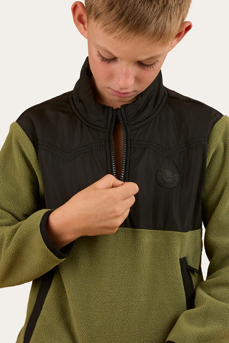 Ringers Western Boy's Winton Kids 1/4 Zip Crew Neck Fleece - Military Green