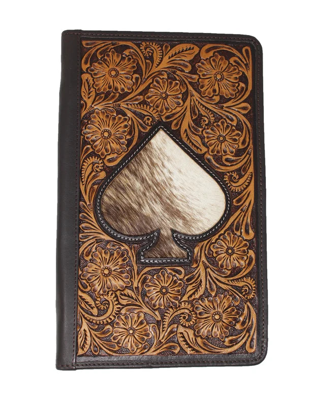 Challenger Women's Western Antique Floral Tooled Poker Spade Cowhide Leather Travel Jewelry Case