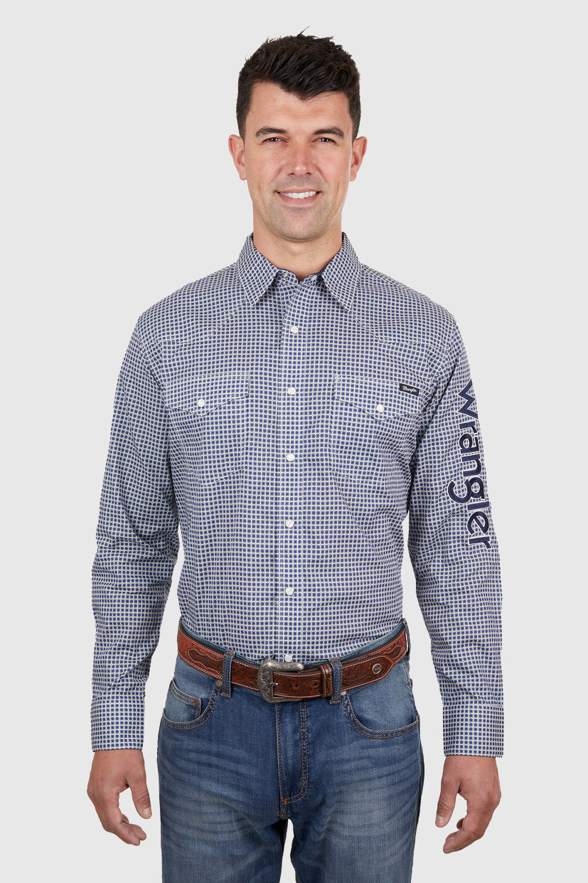 WRANGLER MENS PETER LOGO LS SHIRT (NAVY/TAN)