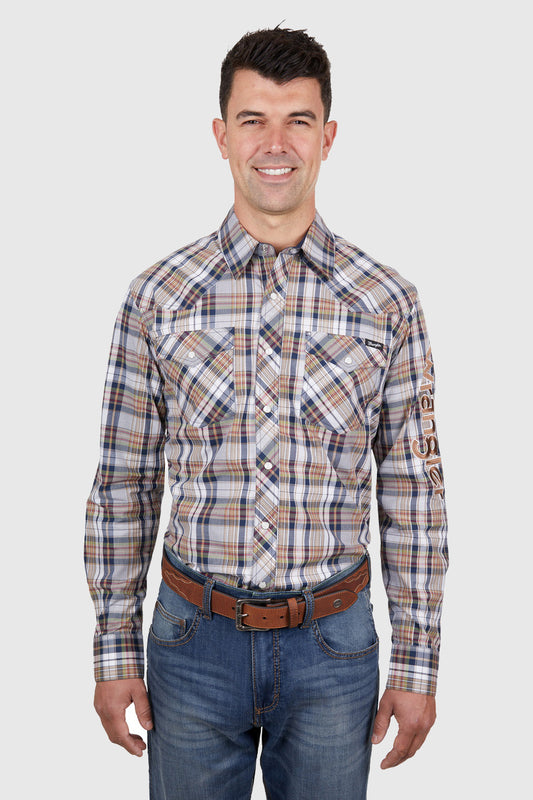 WRANGLER MENS TOM LOGO L/S SHIRT (NAVY/TAN)