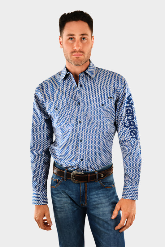 Wrangler Men's Gibson Print Logo L/S Shirt - Navy