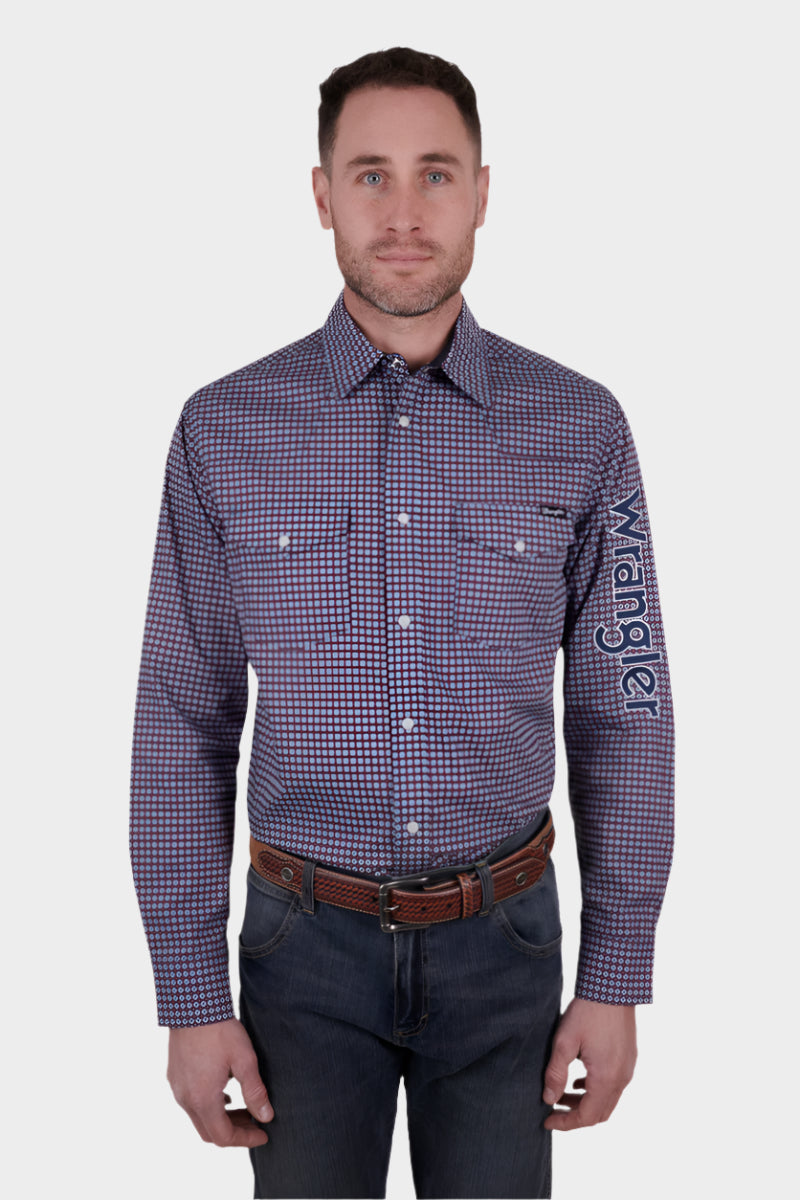 WRANGLER MENS MARK LOGO LS SHIRT (NAVY/RED) - SALE