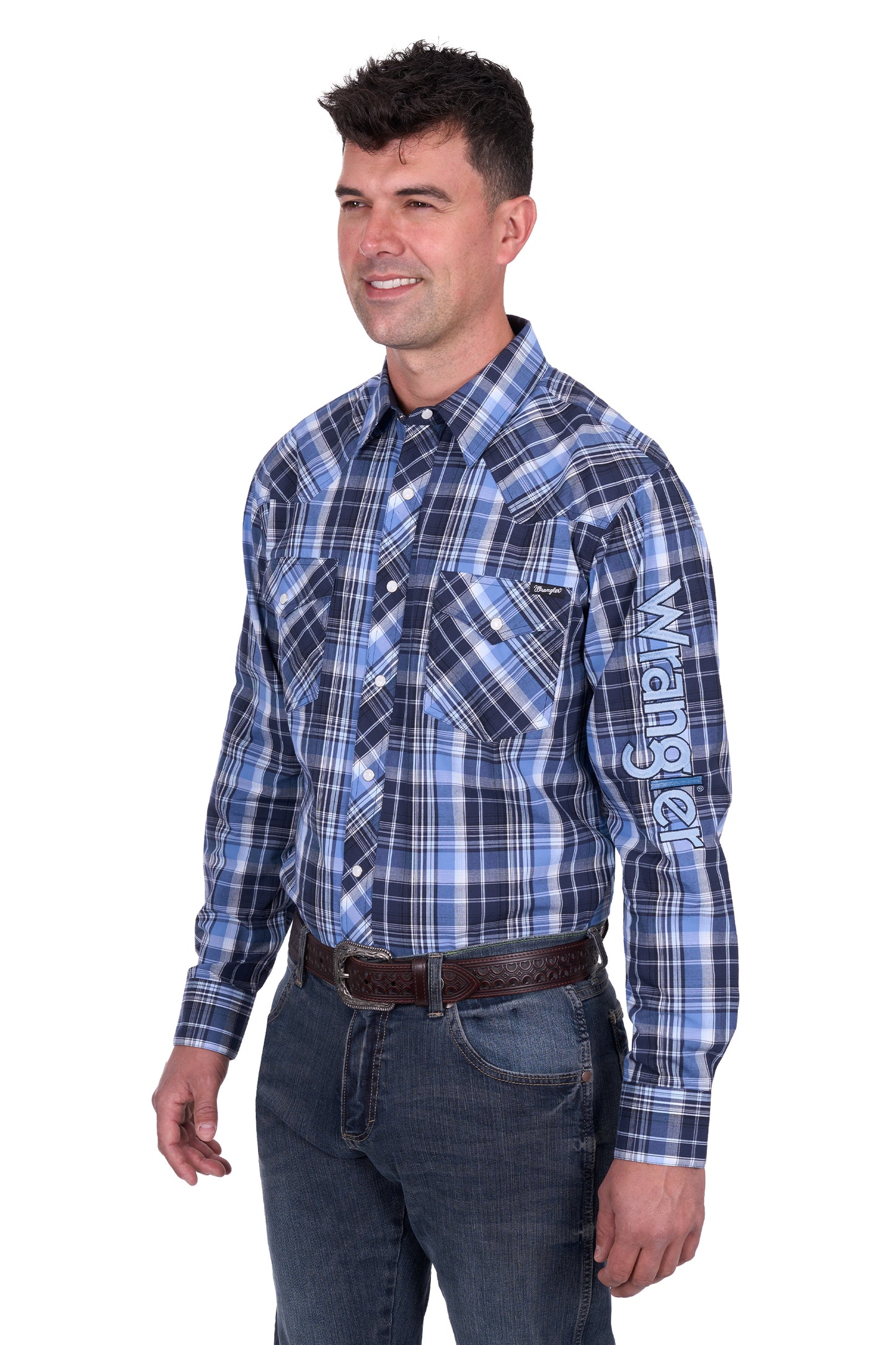 Wrangler MENS BILLY LOGO LS Shirt - Navy/Lt. Blue