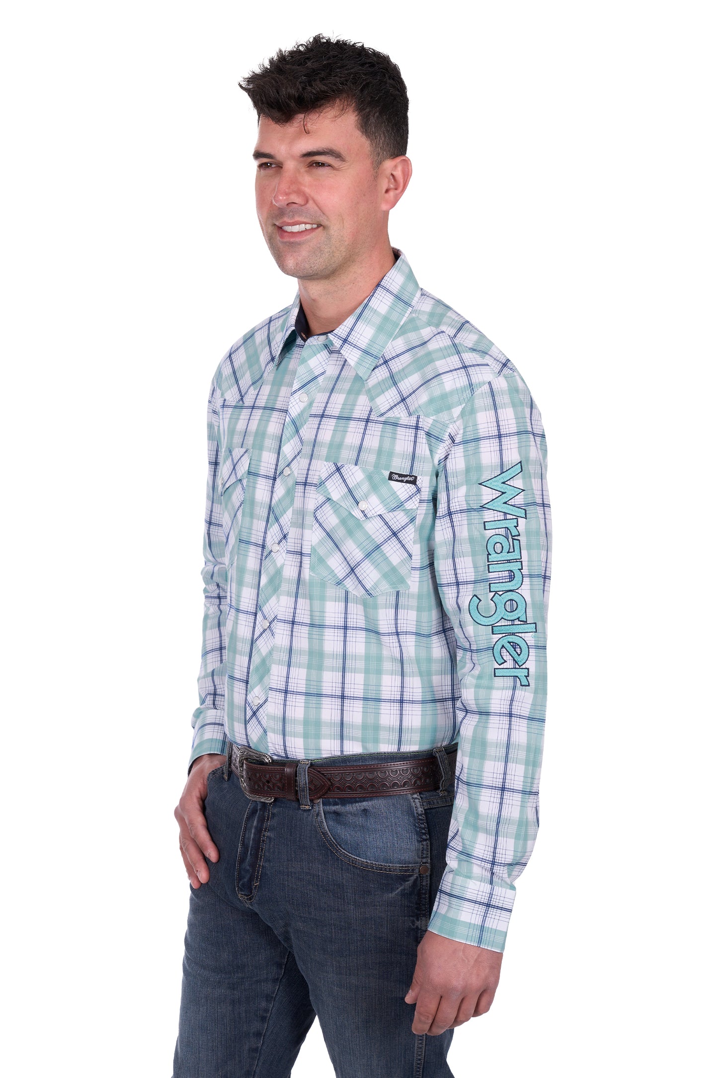 Wrangler MENS JACOB LOGO LS Shirt - Green/White
