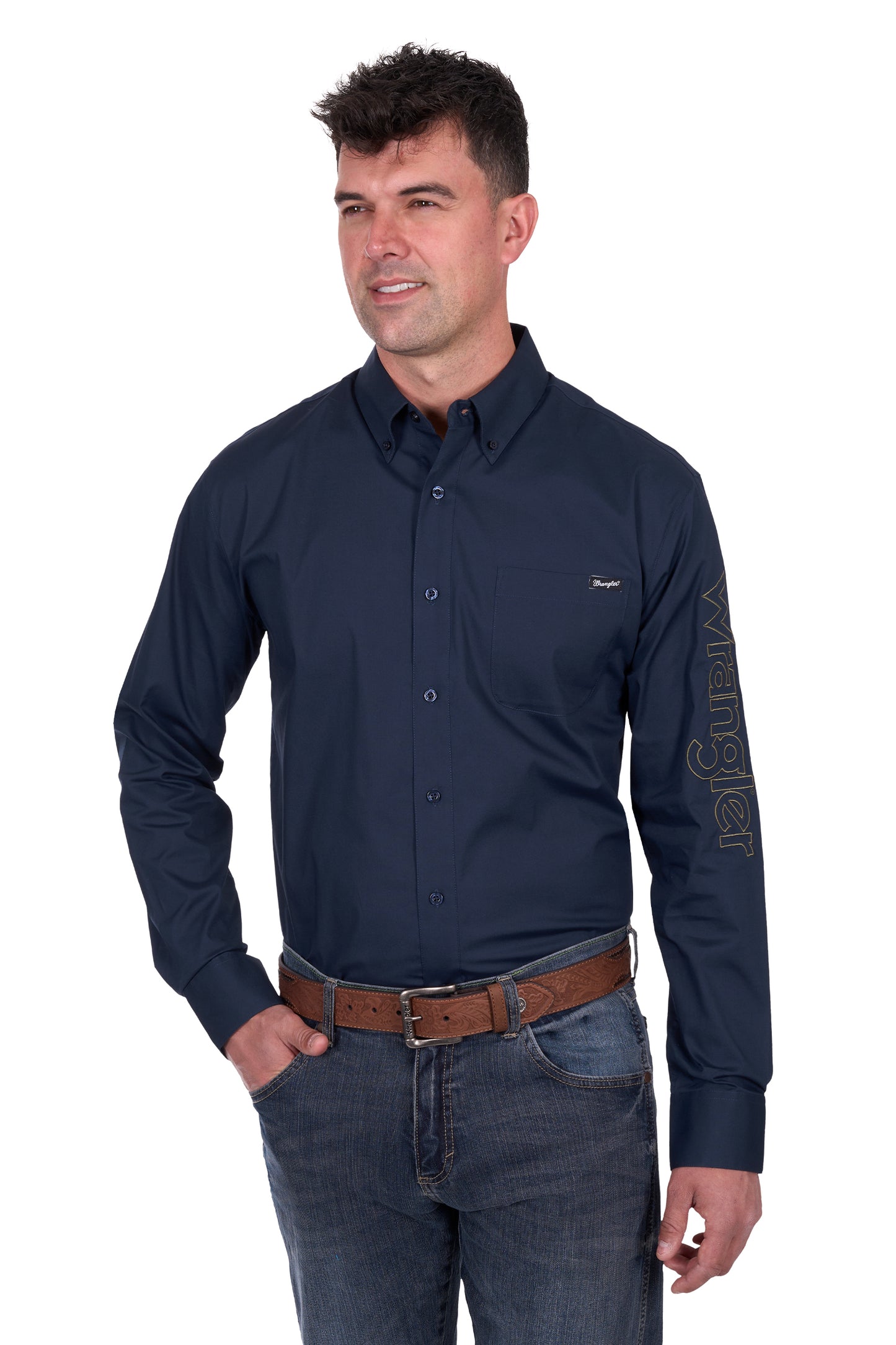 Wrangler Men's BRAD LOGO LS Shirt - Navy