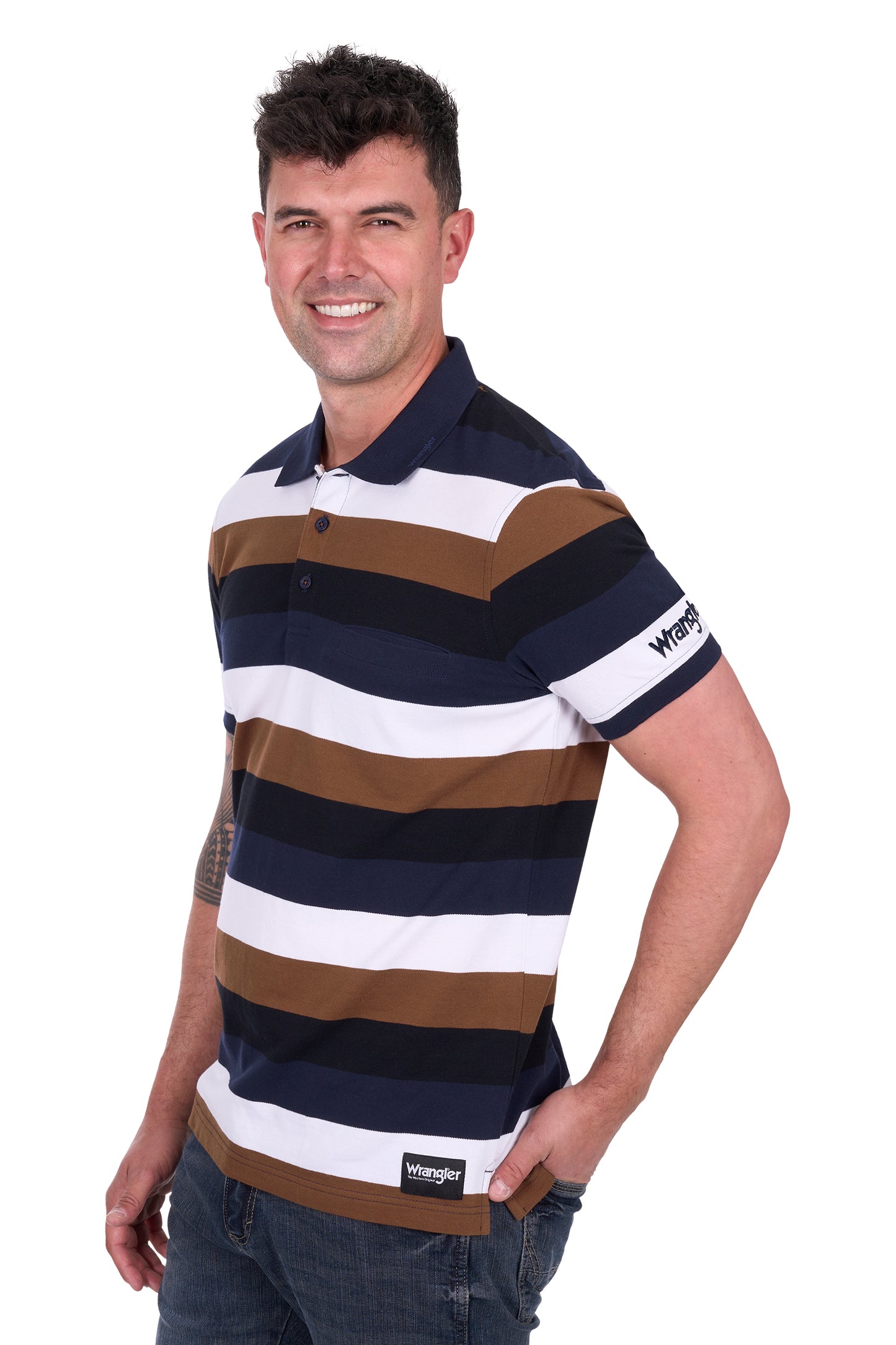 Wrangler Men's WALTER 1PKT SS Polo - Navy/Tan