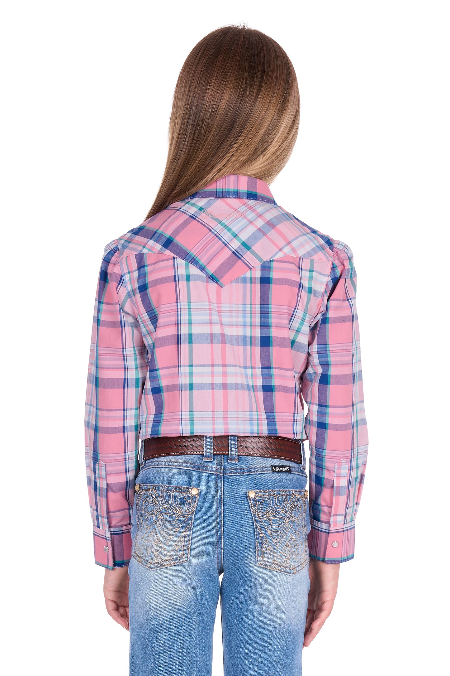 Wrangler Girls' Kiara Logo Long Sleeve Shirt - Blue/Pink
