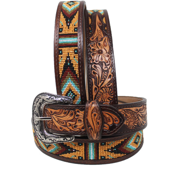 Challenger Western Tooled Beaded Inlay Leather Belt