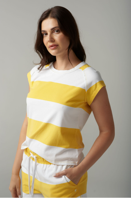 Goondiwindi Cotton Stripe Cap Sleeve Raglan Tee (C13010-52) - White/Parisian Navy