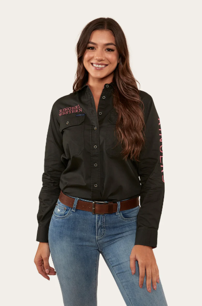 Signature Jillaroo Womens Full Button Work Shirt - Charcoal/Dusty Rose