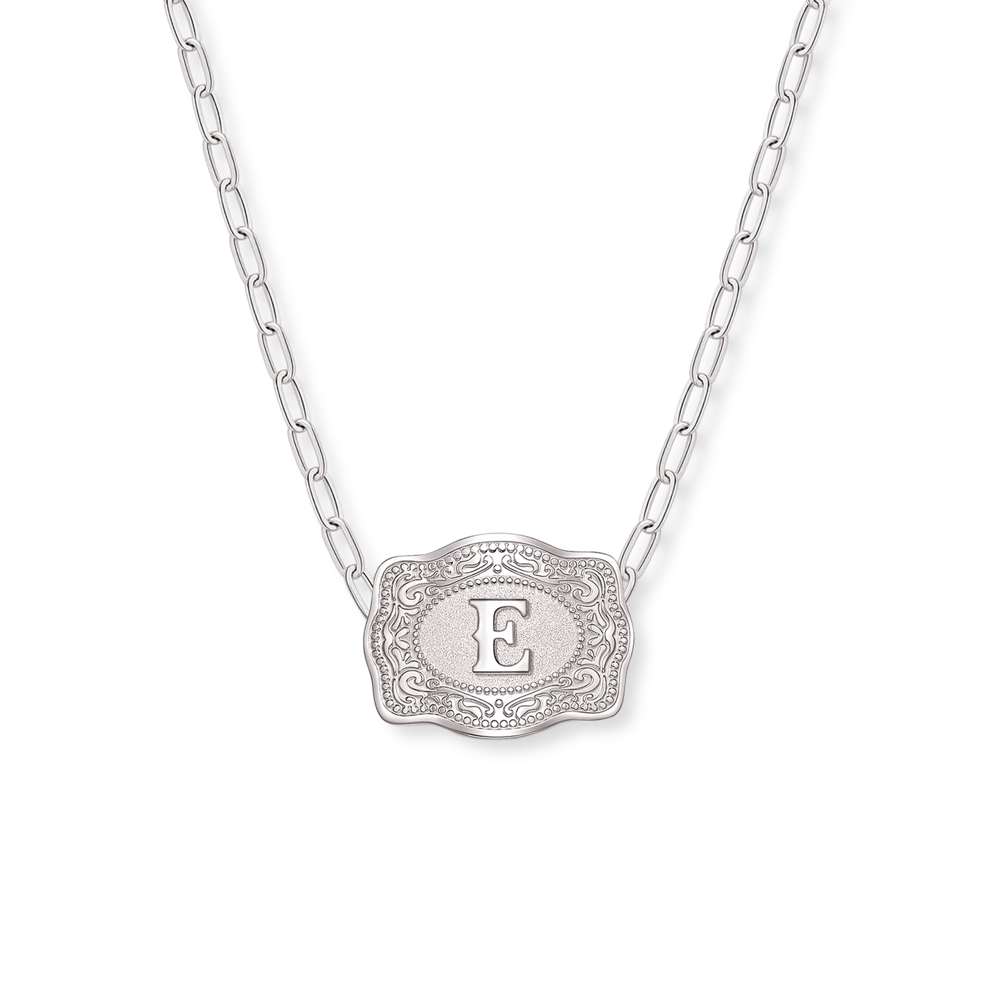 SpurWest Mini Belt Buckle Necklace (Initial) Paper Clip Chain (18" adjustable) - Silver