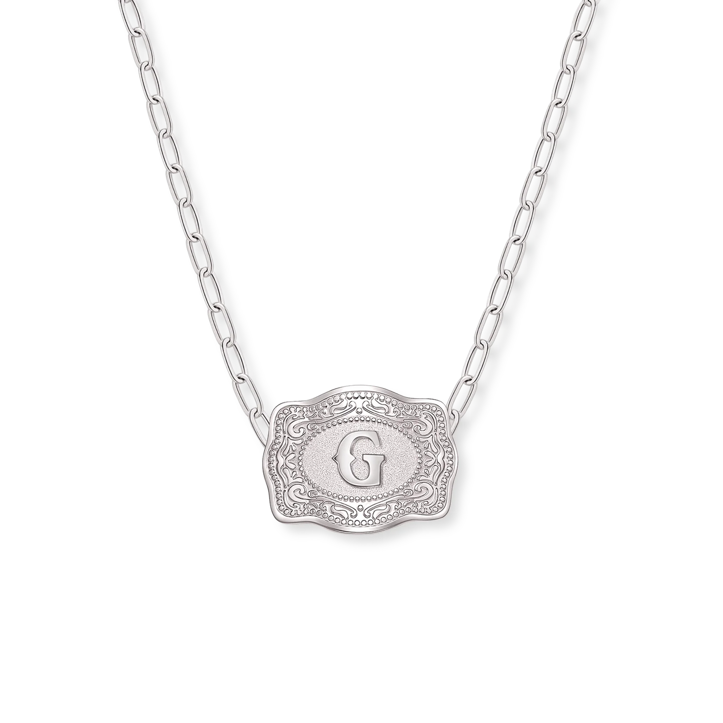 SpurWest Mini Belt Buckle Necklace (Initial) Paper Clip Chain (18" adjustable) - Silver